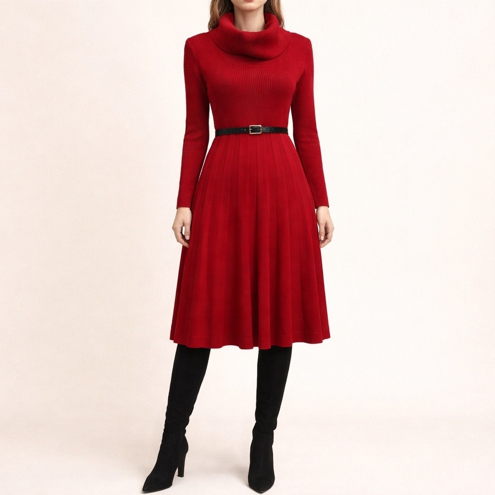 Red knit Cowl Neck Romantic Feminine Sz-S Sweater Dress Minimalist Edgy Rebel